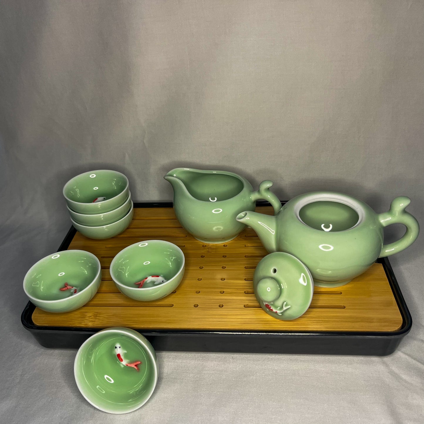 Celadon Tea Set with Koi Fish Accents - Your Choice of Gaiwan or Teapot