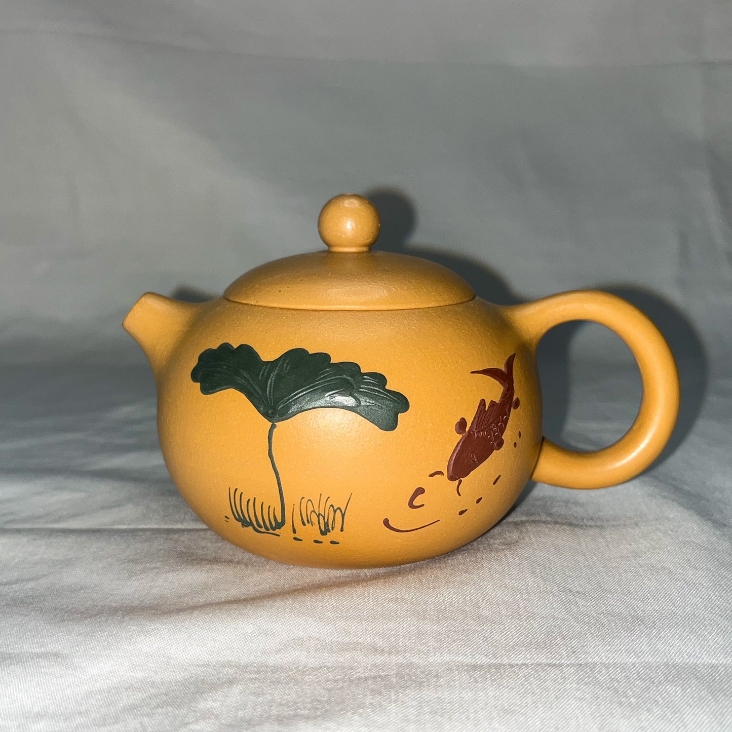 Yixing Teapot - Yellow with Lotus & Fish Design