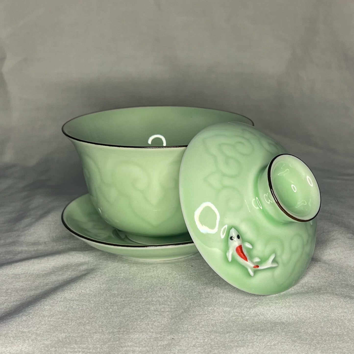Celadon Tea Set with Koi Fish Accents - Your Choice of Gaiwan or Teapot