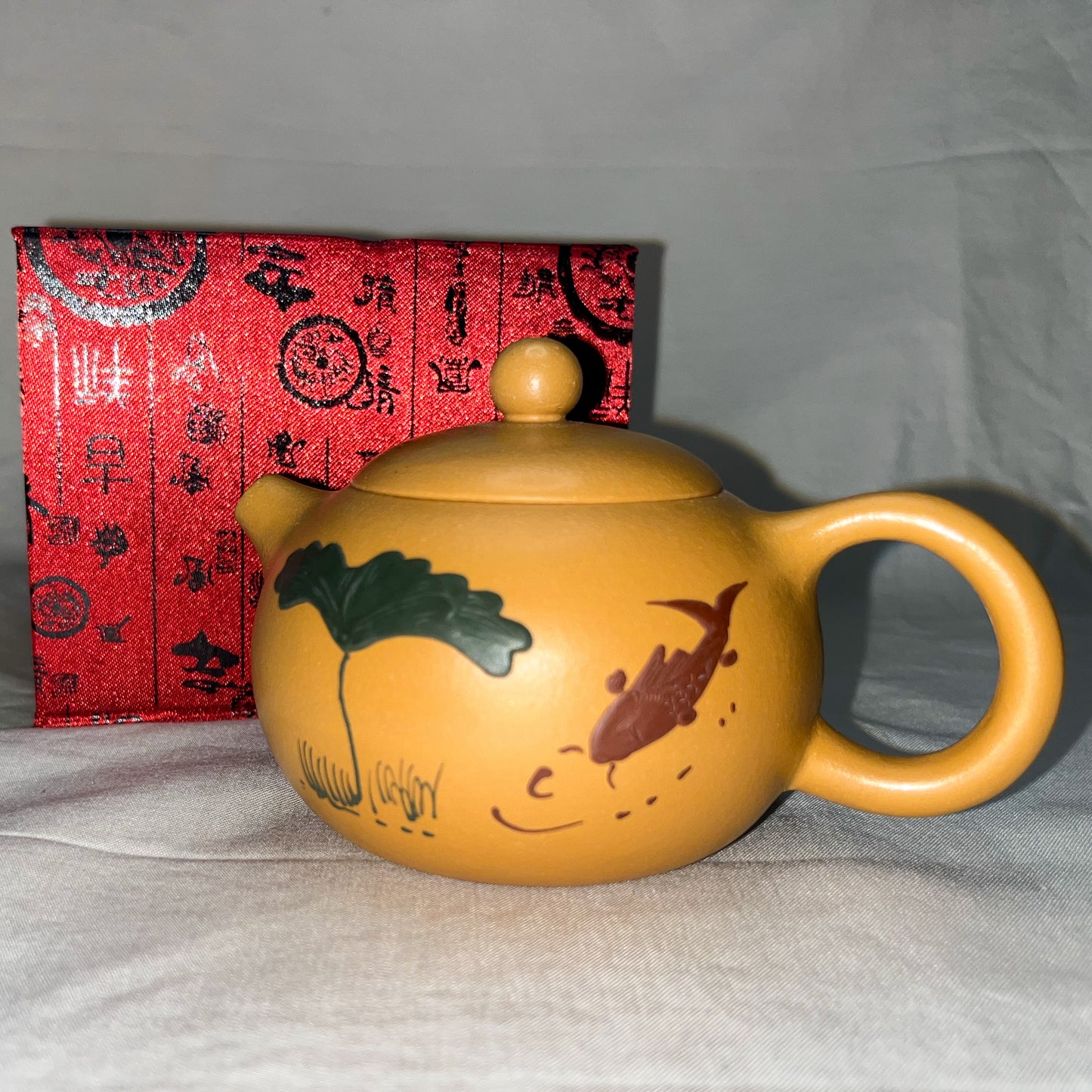 Yixing Teapot - Yellow with Lotus & Fish Design