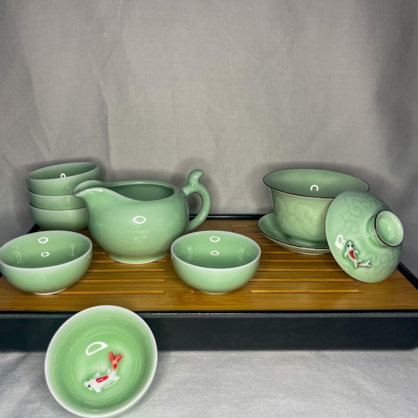 Celadon Tea Set with Koi Fish Accents - Your Choice of Gaiwan or Teapot